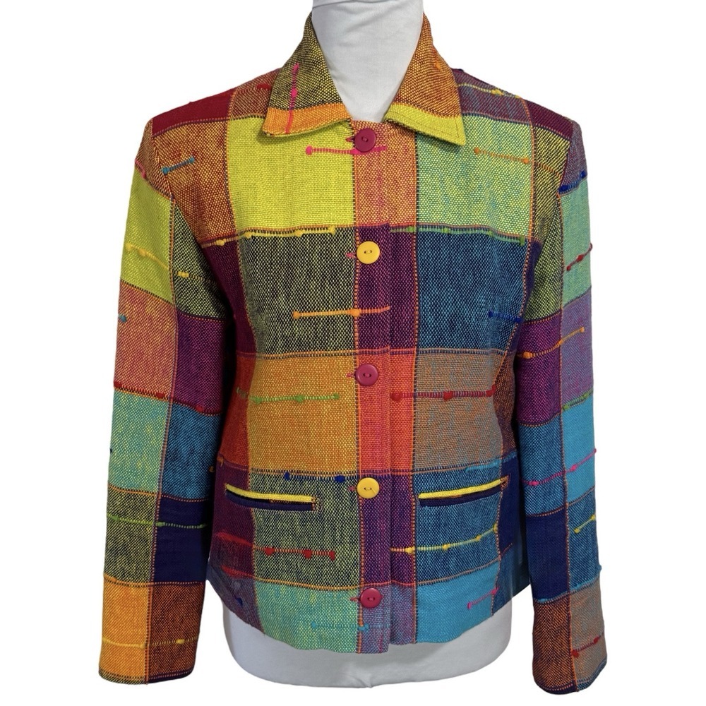 Vintage Rainbow Blazer Jacket Size XS Boxy Colorful Neon Pop Art Deco Tribal 90s